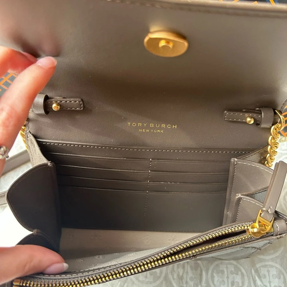 Tory Burch Willa Chain Wallet Crossbody Bag Volcanic Stone Gold Gray - Picture 8 of 12